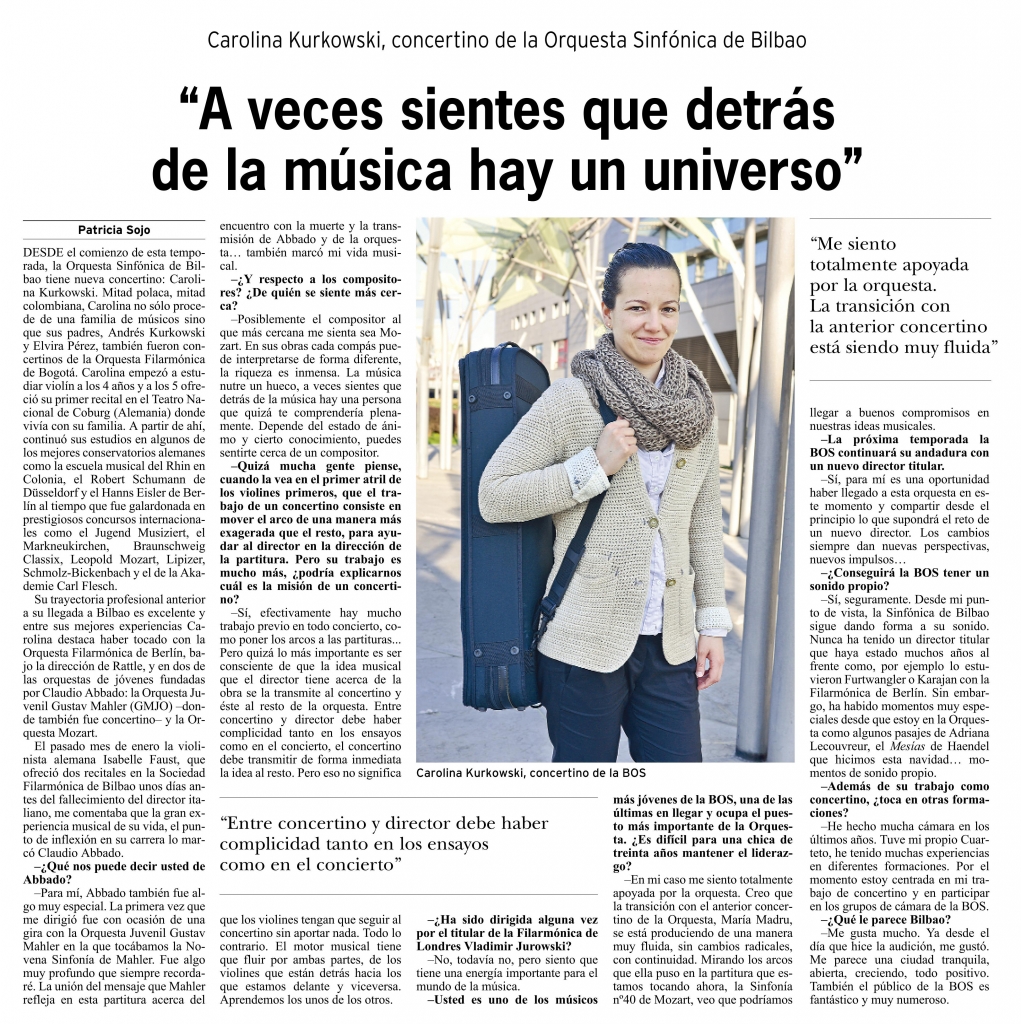 Entrevista de Patricia Sojo a la concertino en el periódico Bilbao, abril de 2014